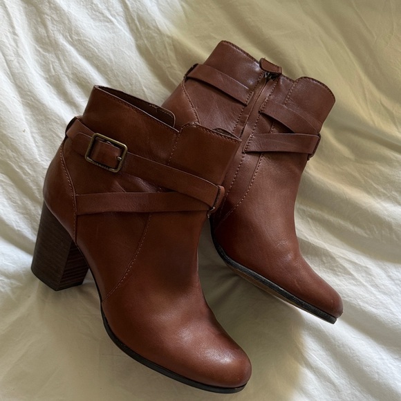 Cole Haan Shoes - Cole Haan Chestnut Brown Leather Ankle Booties with Buckle Strap